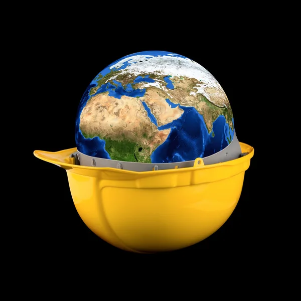 Yellow helmet with earth planet — Stock Photo, Image