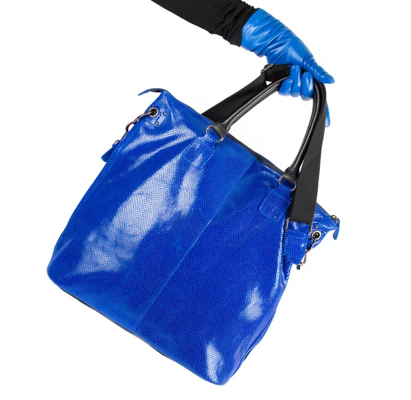 Blauwe vrouwen tas bij de hand — Stok fotoğraf