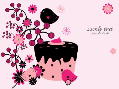 Floral background with cupcake and birds clipart