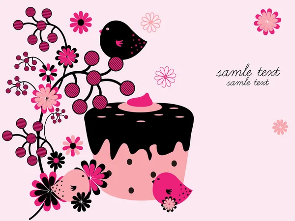 Floral bakgrund med cupcake och fåglar — Stock vektor