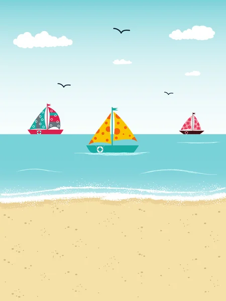 Cartone animato paesaggio marino con barche — Vettoriale Stock