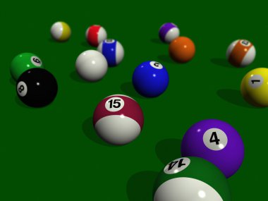 Yeşil Bilardo masası üzerinde havuz topları