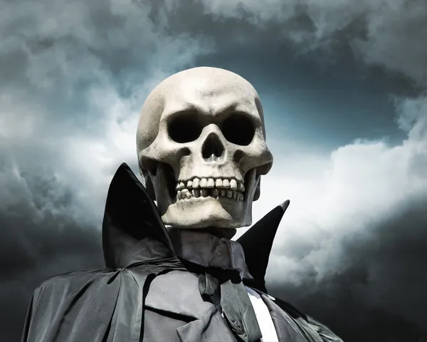 Пом'ятий жнець. Скелет смерті на хмарному драматичному небі — стокове фото