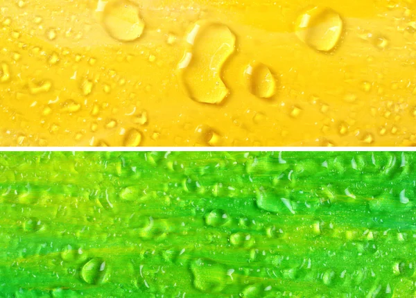 Gele en groene set achtergronden met waterdruppels — Stockfoto