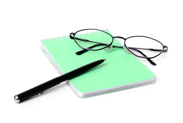 Bril, notebook en pen — Stockfoto