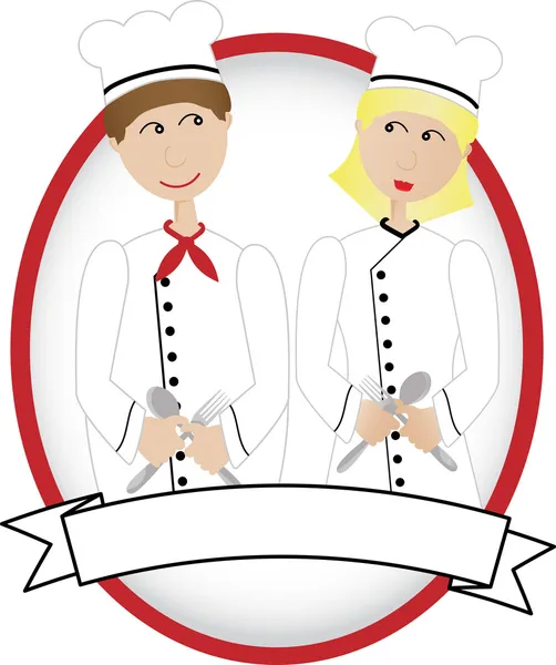 Cartoon chef-koks glimlachen bij elkaar — Stockvector