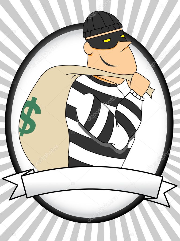 Portrait of Burglar holds bag of money