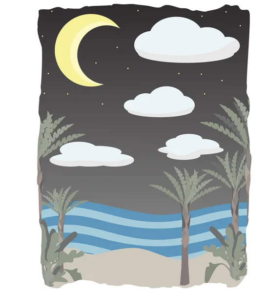 Night time on scene beach clouds, moon — Stock Vector
