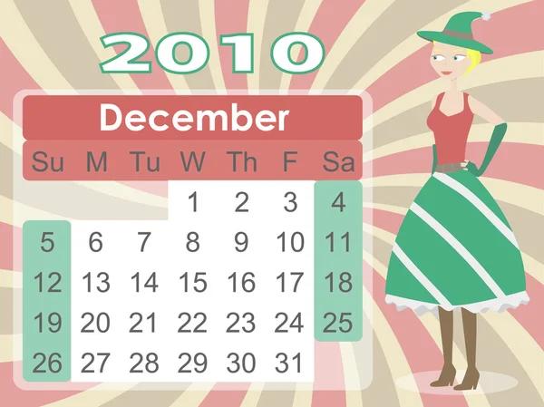 Diciembre 2010 Calendario con Mujer Elfa — Vector de stock