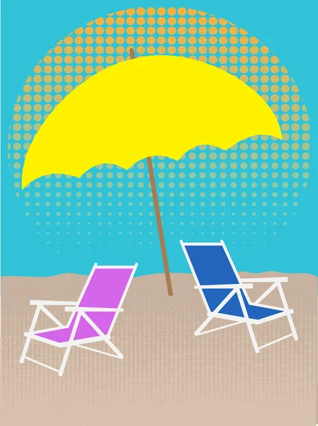 Białe krzesła na plaży pod parasolem półtonów — Wektor stockowy