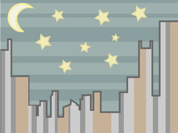 Cityscape abstrato à noite com estrelas e lua — Vetor de Stock