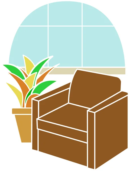 出窓の熱帯植物がアクセントの infront の肘掛け椅子 — ストックベクタ