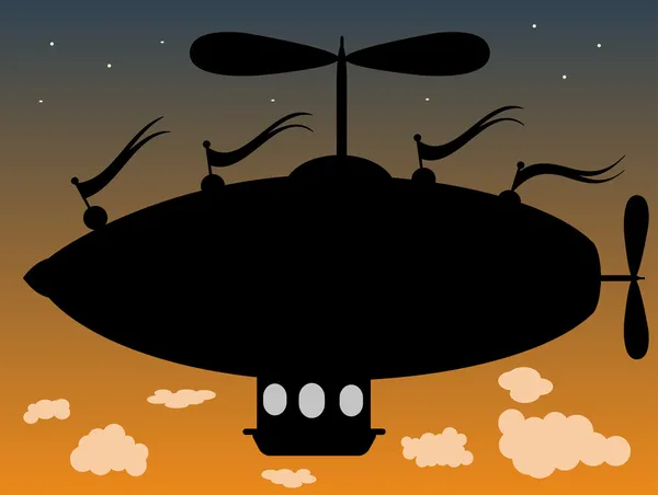 Дирижабль, пролетающий над облаками в сумерках — стоковый вектор