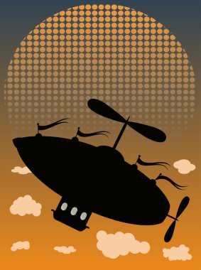 Silhouette AirShip Flying Up past clouds halftone fading sun clipart