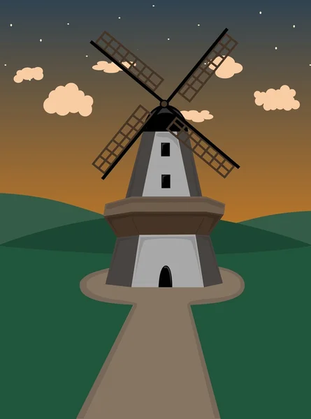 Větrný mlýn v kopcovité oblasti za soumraku — Stockový vektor