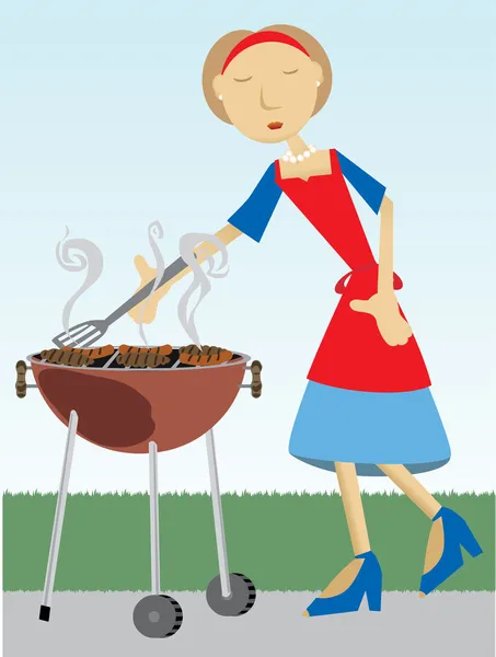 Женщина готовит на барбекю снаружи — стоковый вектор