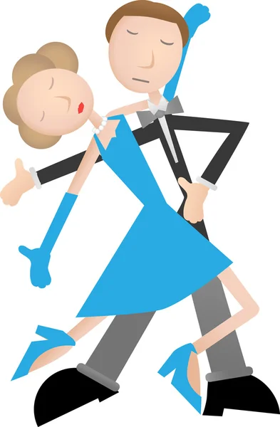 Paar dansen tango, blauwe jurk en tuxedo — Stockvector