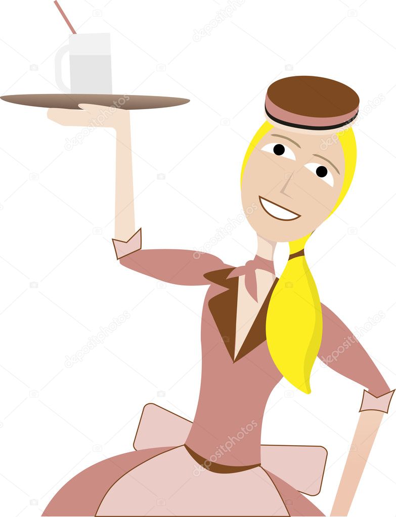 Waitress in retro uniform carrying drink on tray