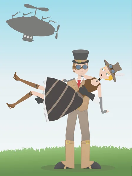 Steampunk man catching steampunk woman who's fallen from airship — Stock Vector