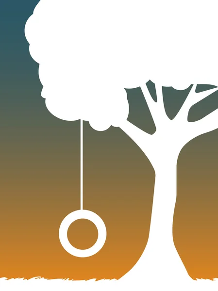 Белый силуэт качели шин висит на дереве в сумерках — стоковый вектор