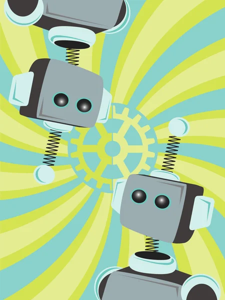 Zwei abstrakte Roboter, die einander anschauen Zahnradwirbel Hintergrund — Stockvektor