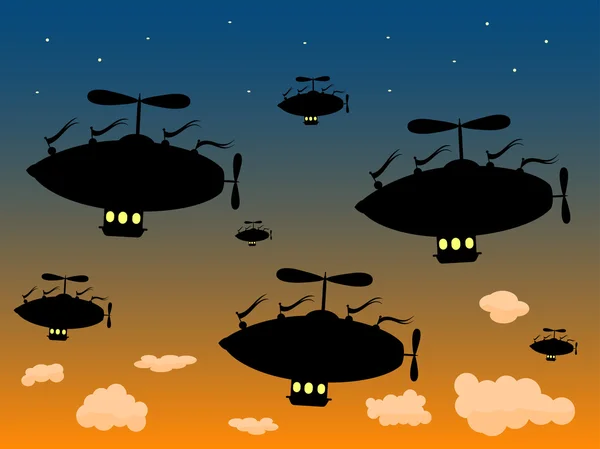 Grupo de Silhouetted dirigible vela alta contra el cielo oscuro — Vector de stock