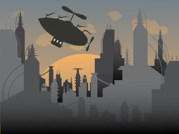 Airship s'envole d'une ville urbaine futuriste — Image vectorielle