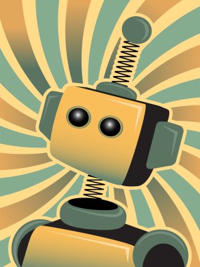 Golden Blue Robot looks up accented by swirly colorful background clipart