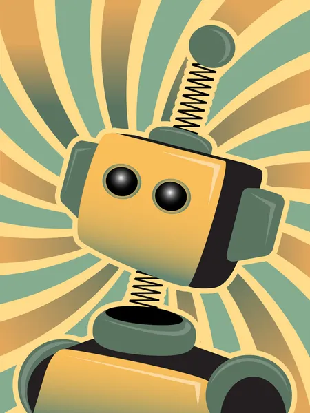 Golden Blue Robot mira hacia arriba acentuado por un fondo arremolinado de colores — Vector de stock
