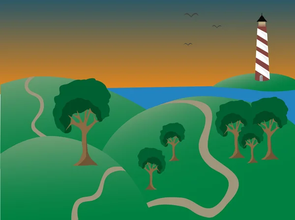 Pobřežní scéna v soumraku maják, kopce a strom přichycena cest — Stockový vektor