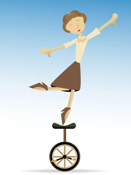Donna in equilibrio sulle dita dei piedi tippy su monociclo — Vettoriale Stock