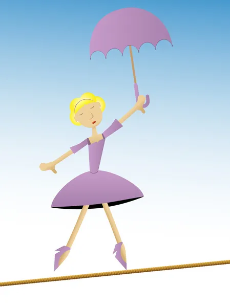 Woman in purple dress holding umbrella walking on tightrope — Stock Vector