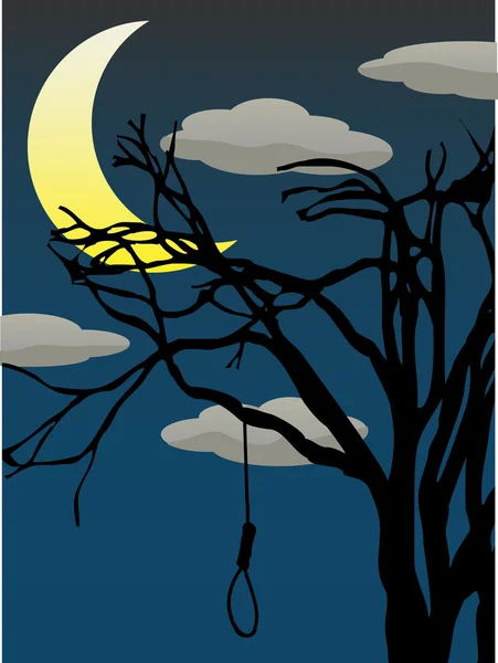 Spooky kvartalet månen ovan kala träd med hängande snaran — Stock vektor
