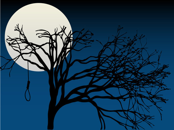 Spooky Full Moon highlight bare tree with hanging noose