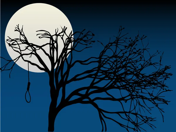 Spooky Full Moon destaca a árvore nua com laço pendurado — Vetor de Stock