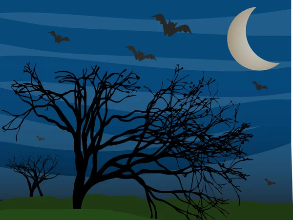 Bats flying by leafless trees on foggy mysterious night — Stock Vector