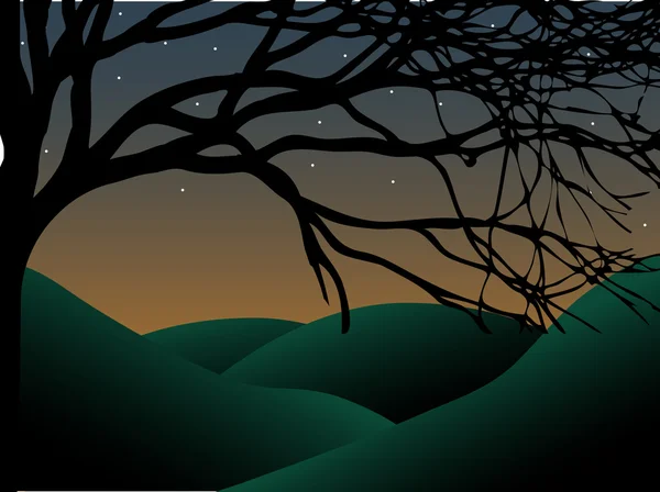 Curvy Creepy Tree at dusk with stars and hills — Stock Vector