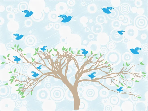 Vários pássaros azuis poleiro e voar em torno de árvore céu abstrato e nuvens — Vetor de Stock
