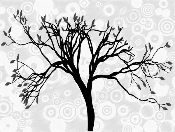 Gruseliger silhouettierter Baum umgeben von grauem Kreis abstrakter Himmel — Stockvektor