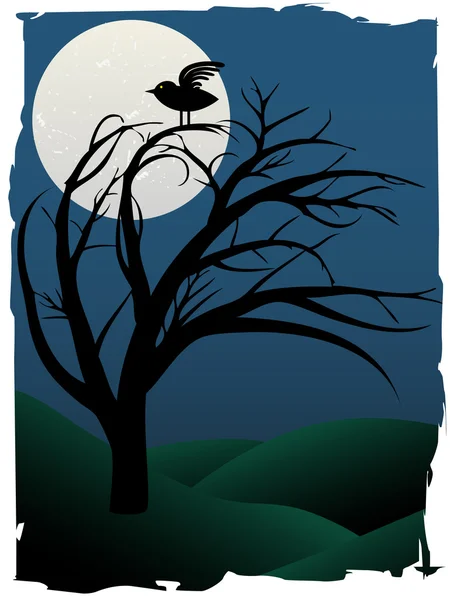 Single Bird Sits on Creepy Curvy Tree at night under full moon surrounded b — Stock Vector