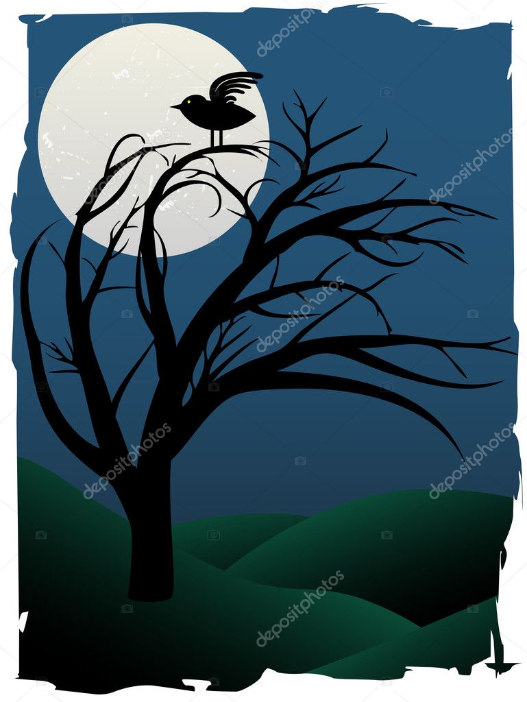 Single Bird Sits on Creepy Curvy Tree at night under full moon surrounded b