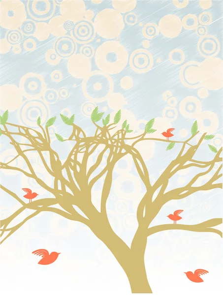 Барвисте яскраве дерево в оточенні червоних птахів абстрактне блакитне небо з танговим колом — стоковий вектор