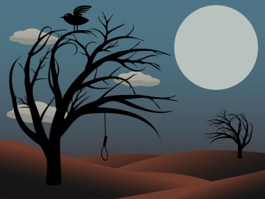 Gothic Bird Sits atop creepy curvy tree with empty noose dusky red full moo clipart