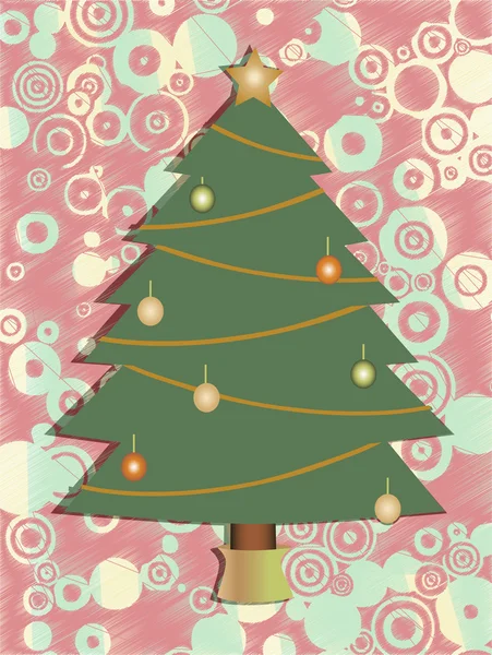 Kerstboom omgeven door kleurrijke achtergrond abstracte cirkel — Stockvector