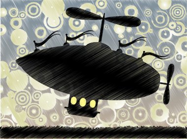 Sketchy fantasy airship lifts offs accented by colorful blue yellow circle clipart