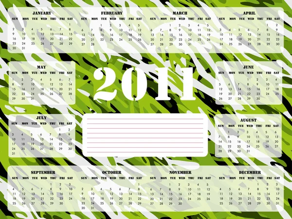 Kalender 2011 in leuchtendem Grün - Start am Sonntag — Stockvektor