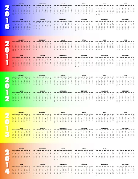 Fem års kalender 2010-2014 - söndag börja — Stock vektor