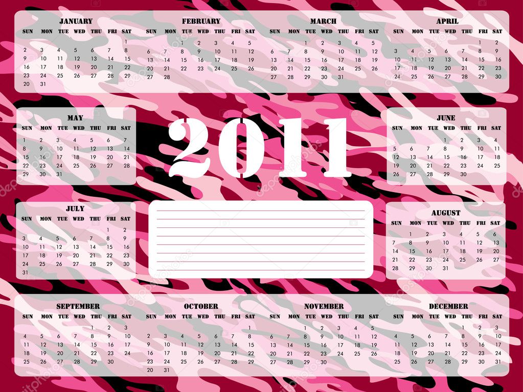 2011 Calendar in Pink and Burgundy - Sunday Start