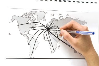 World map with lines between the cities clipart