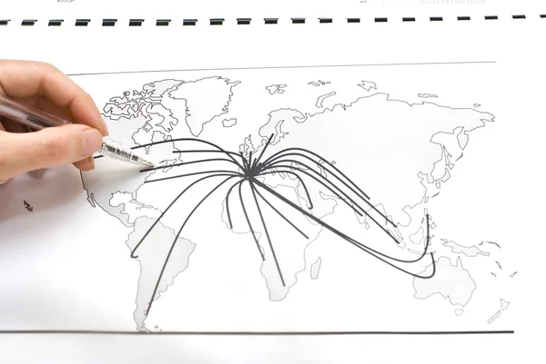Mapa do mundo com linhas entre as cidades — Fotografia de Stock